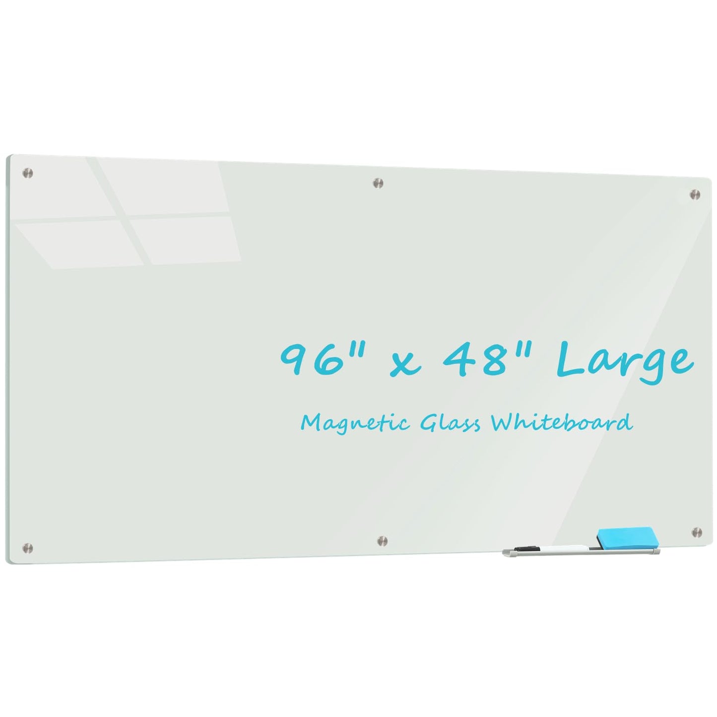 Large Glass Dry Erase Board, 96 x 48 Inches Magnetic Glass Whiteboard for Wall, 8' x 4' Frameless White Board for Office, Home, School