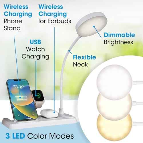 OttLite LED Desk Lamp with Charging Station, Multi-Device Desk Lamp with Wireless Charger, Book Light, Table Lamp Reading Light, Work Light, Desk Lights for Home Office or Bedside