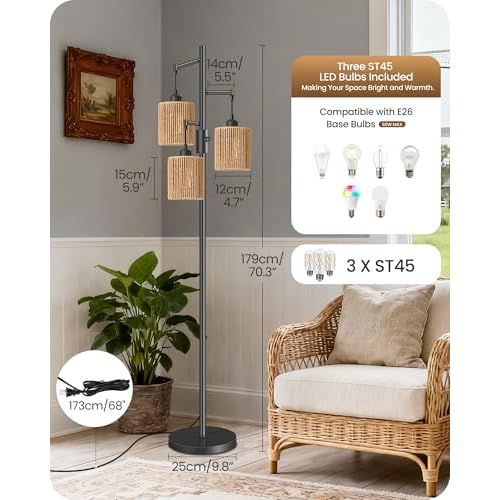 Dimmable Floor Lamp, Farmhouse Tall Standing 70.3" Tree Lamp with 3 Rope Woven Lampshades, Boho Rattan Floor Lights, 4W 3 LED Bulbs Included, for Living Room, Bedroom, Study, Office AB03LD05