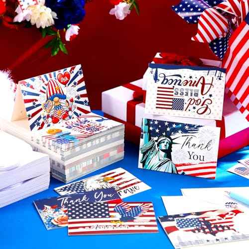 200 Sets Patriotic Greeting Card with Envelopes Stickers 8 Designs American Flag Thank You Cards 4th of July USA Gifts Cards for Party Independence Day Veterans(Patriotic)