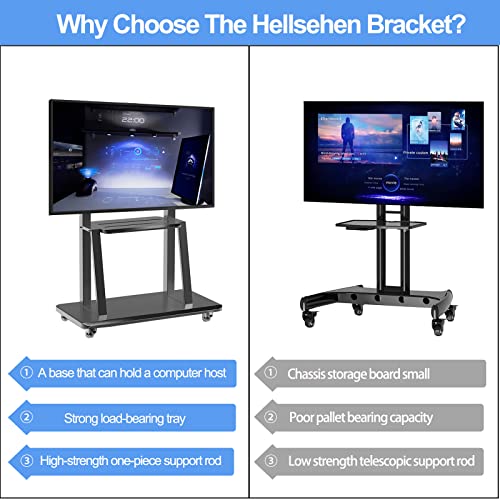 Hellsehen 32-75 Inch Mobile TV Cart on Wheels, Heavy-Duty Rolling TV Stand with 220lbs Capacity
