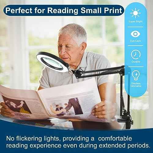 10X Magnifying Glass with Light and Clamp, 5 Color Modes Stepless Dimmable Real Glass Lighted Magnifier, Hands Free LED Magnifying Desk Lamp for Painting Craft Close Work Reading Repairing