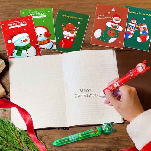Tenceur 60 Pcs Christmas Mini Notebook Bulk and 60 Pcs 10 in 1 Christmas Ballpoint Pens Set Multicolor Ballpoint Pens for Christmas Student Teacher Bulk Gifts Party Favors