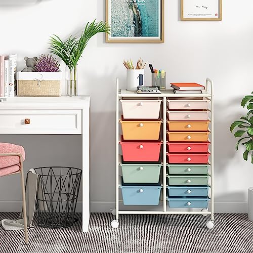 Giantex Multicolor 15-Drawer Rolling Storage Cart with Wheels - Classroom & Office Organizer