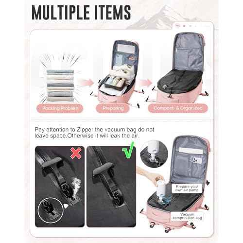Large Vacuum Backpack Travel with Pump, Waterproof Compression Backpack, Airback Personal Item Carry on Backpacks, Vacpack Compression Bags for Seal, Business Travel Backpacks for Women Men(Pink)