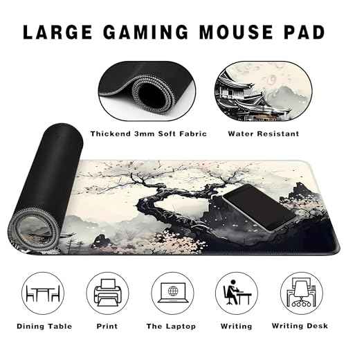 Long Gaming Mouse Pad Extended Anime Large Desk Pad with Non-Slip Base Full Keyboard Mat with Stitched Edges for Gaming and Office 31.5 x 11.8 inches (Wash Painting)