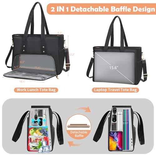 Jetviivid Laptop Tote Bag for Women, Work Bag with Insulated Lunch Compartment, 15.6 Inch Laptop Purse for Office,Teacher,College,Nurse,Travel, Black