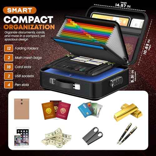 Fireproof Document Bag with Lock and 8GB USB, Portable Safe Box and File Organizer, 3-Layer Fireproof File Storage Case with Water Resistant Zipper for Money, Laptops, and Documents (Black)