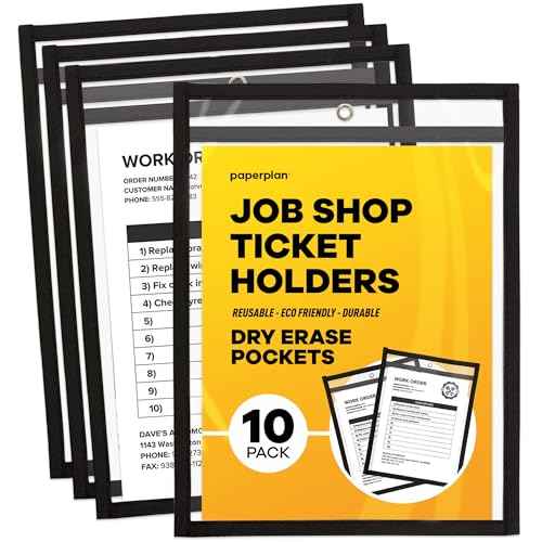 Job Ticket Holders 9x12 - (10 Pack), 8.5 x 11 Letter Size, Dry Erase Pockets, Clear & Black Plastic Sleeves - Reusable, Water-Resistant