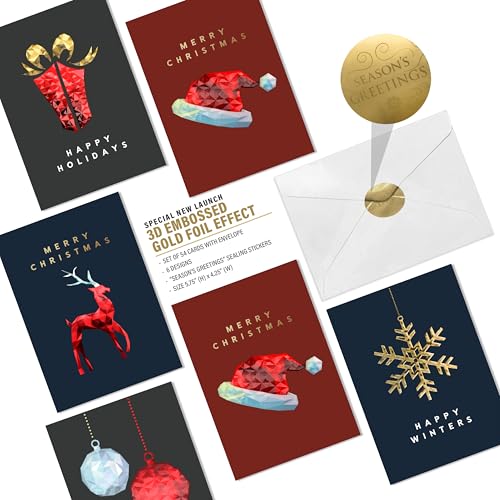 54 Christmas Greeting Cards | 3D Gold Foil & Embossing Designs | 6 Assorted Designs with Envelope | 5.5 x 4 Inch with Sentiments Inside| Merry Christmas Cards with Seal Stickers For Friends , Family