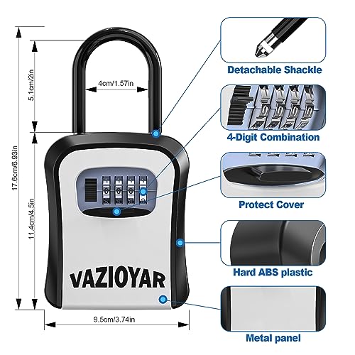 Key Lock Box for Outside, Portable Waterproof Wall Mounted Resettable 4-Digit Combination Key Storage Lockbox, 5 Keys Capacity Key (with Shackles+with Retractable Key Tether+ 5Pack)