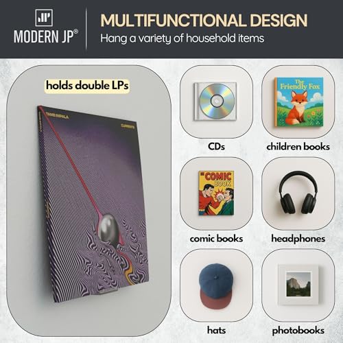 Modern JP Clear Vinyl Record Wall Mount 4-Pack – Strong Adhesive & Screw-in Album Holder for 1LP & 2LP, Minimalist Display