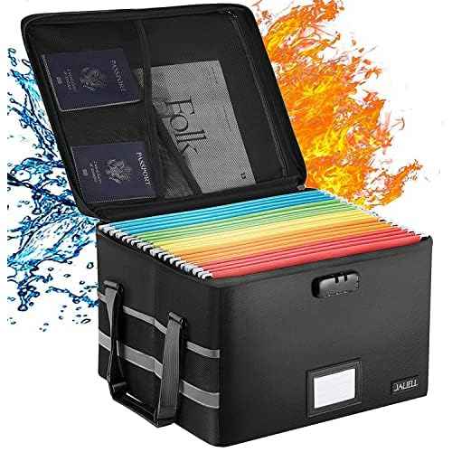File Box with Lock - Fireproof Document Box File Organizer with Zipper & Adjustable Handle, Collapsible File Storage Box for Home Office, Filing Cabinet for Hanging Letter/Legal Folder