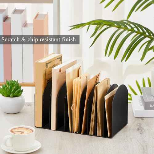 Suzile Metal Desktop File Organizer, 10 Compartments, Vertical File Sorter, Black, 10.63" L x 5.79" W x 5.41" H, Office, Reception Areas, Workspace
