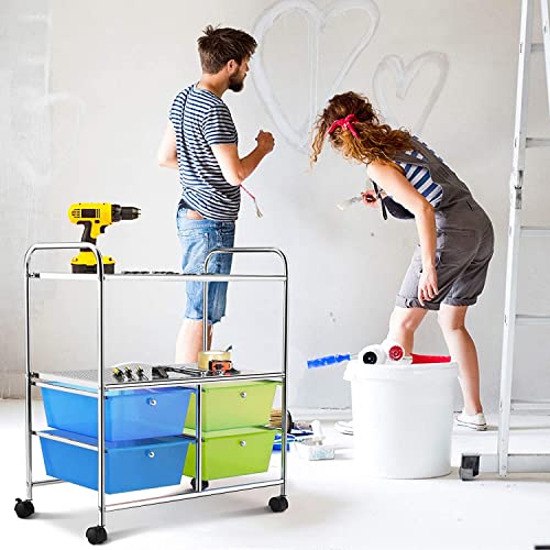 Hysache Rolling Storage Cart, Utility Organizer Cart w/ 4 Drawer 2 Shelves Trolley, Metal Frame, Plastic Storage Drawers on Wheels for School Office Home, Multifunction Organizer (Green)