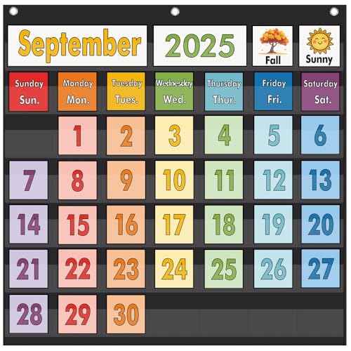 TOGETRUE Classroom Calendar Pocket Chart, Monthly Calendars and Weather Set with 82 Cards for Classroom, Homeschool Supplies for Kids Easy Learning (Black)