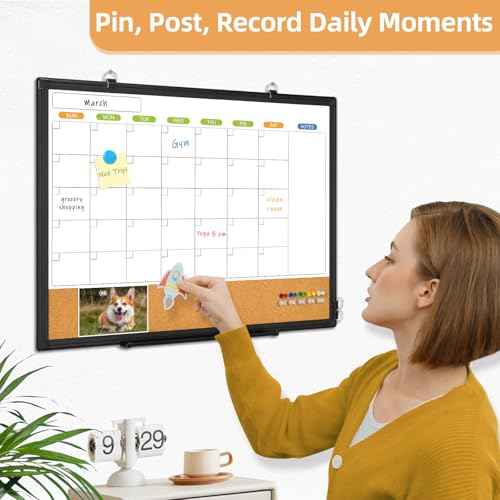 Dry Erase Calendar Whiteboard for Wall, WALGLASS 24" x 18" Double-Sided Monthly Calendar White Board Cork Combo, Black Aluminum Frame Hanging Wall Mounted Bulletin Corkboards for Home, Office, School