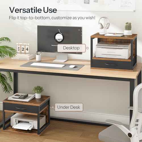 HOOBRO 2-Tier Desktop Printer Stand with Drawer, Under-Desk Printer Table with Storage Shelf, for Home Office, Kitchen, Fax Machine, Scanner, Rustic Brown BF07PS01