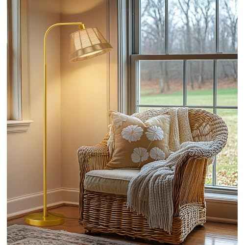 Oneach Arc Floor Lamp for Living Room,Rattan Boho Floor Lamp with Hand-Woven Wicker Shade, Gold Metal Base & Pole,Foot Switch,Farmhouse Standing Lamps for Bedroom Corner,Reading