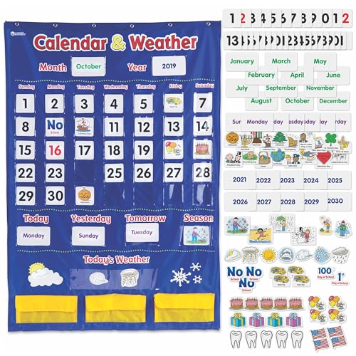 Learning Resources Calendar & Weather Pocket Chart - Classroom Calendar, Calendar and Weather Chart for Classroom, Teacher and Back to School Supplies