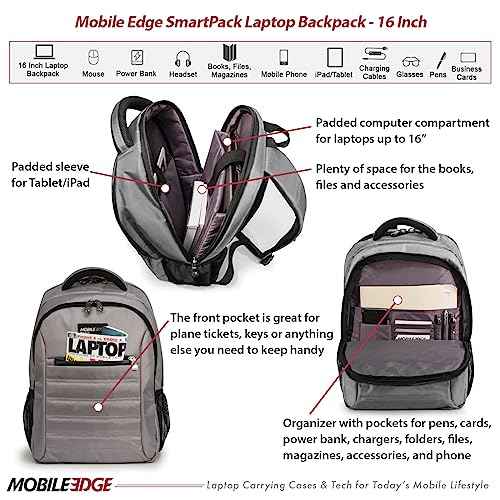 Mobile Edge SmartPack Laptop Backpack for Men and Women, Fits 16-inch Laptops, for Work, Business, Travel, Ultra Lightweight and Sleek, Silver