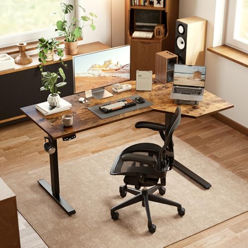 Agilestic 55 x 32 Inch Corner L-Shaped Electric Standing Desk, Rustic Brown - Adjustable Height with Memory