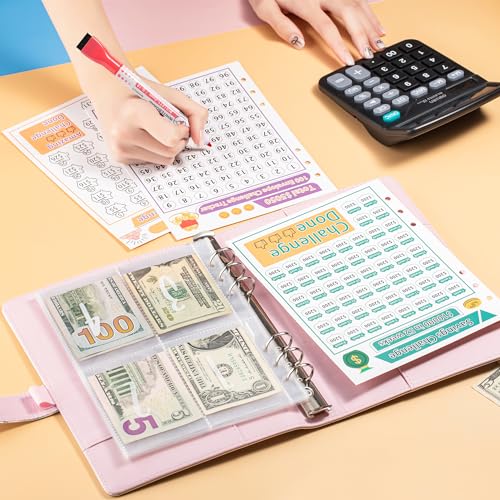 Pink Money Saving Binder with Envelope Challenge, 100 Slots, Compact Budget Organizer