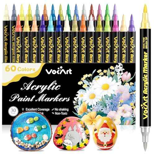 VOKART 60 Colors Acrylic Paint Markers - 30 Dual Brush Tip Paint Pens Including 2 Metallic Colors for Rock, Canvas, Fabric, Wood, Glass, Ceramic - Art Supplies for Artists, Kids, DIY & Holiday Decor