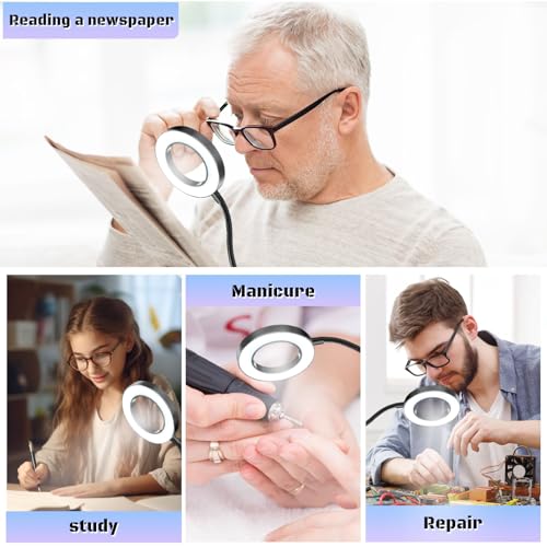 Black 10X LED Lighted Magnifying Glass with Clip & Adjustable Arm