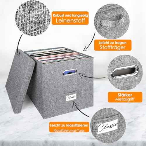 Vinyl Record Storage Box Set of 2 - for 100+ Single LPs (12-Inch), Stackable Albums Linen Crate with Lid, Play Music Collection Holder, Document File Folder Cabinet Organizer Case with Handle