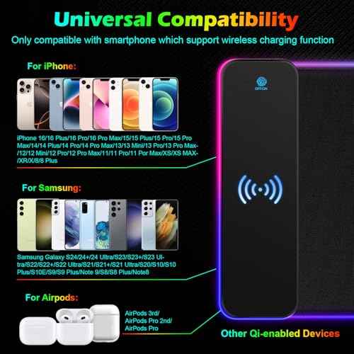 RGB Gaming Mouse Pad Wireless Charging 15W with LED Cable, XXL Large Mousepad 800x300x4mm with 13 Light Modes Non-Slip Rubber Base, Waterproof Computer Mat for Home Office Gaming Keyboard Desk Decor