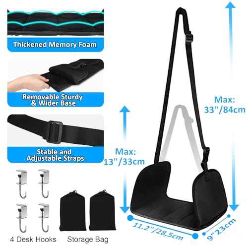 Airplane Foot Rest, Office Footrest Under Desk with 4 Hooks, Widen Airplane Footrest Flight Hammock Memory Foam Travel Foot Sling for Work Gaming Travel Essentials, Black