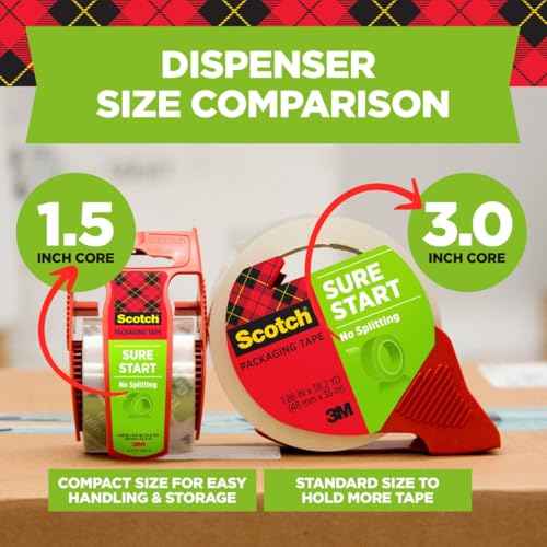 Scotch Sure Start Packing Tape, Clear, Holiday Wrapping Tape with Quiet Unwind and Easy Start, 1.88 in. x 22.2 yd., 6 Tape Rolls with Dispensers