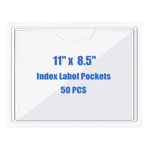 Origin-Joy 50 PCS Self-Adhesive Index Label Pockets, Clear Plastic Peel & Stick Card Holders with Top Open for Loading (11 x 8.5 inch)