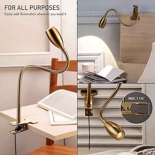 O'Bright Lumos - Versatile Clip-on Lamp: Zoomable Spotlight, Dimmable LED, Flexible Gooseneck, 4000K Light, 100% Metal Clamp - Ideal for Reading, Crafting, Work, and Headboards, Antique Brass