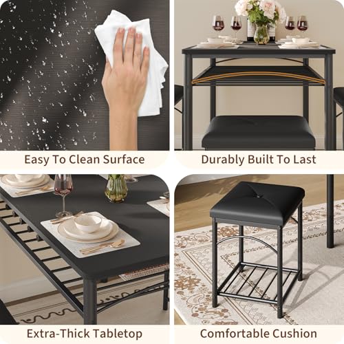 GarveeHome 4-Person Dining Table Set with Upholstered Benches, Black for 4
