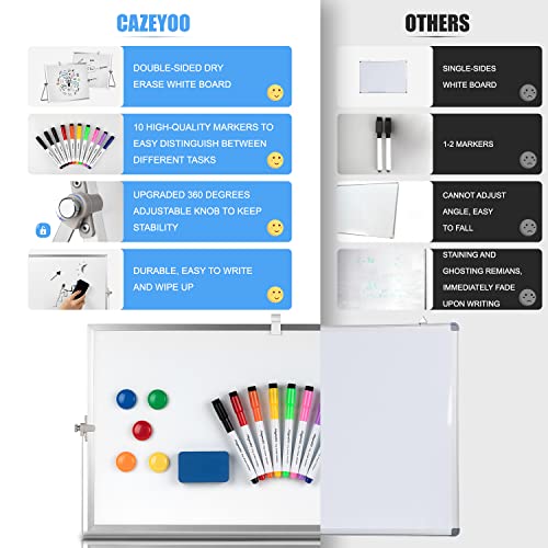 Cazeyoo Magnetic Desktop Whiteboard 16x12 Inch with Stand - Double-Sided Dry Erase Board, 10 Markers & Accessories, Metal Frame - Portable Office & Kids Drawing