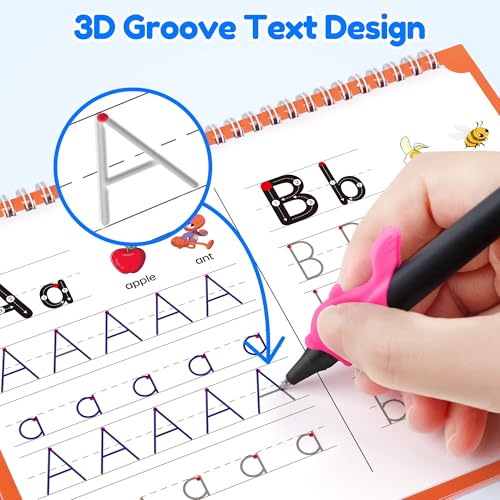 Kids Handwriting Practice Book Set with Magical Ink - Grooved Learning Workbook for 3-8 Years