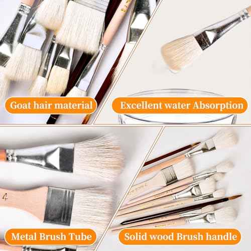 10 Pcs Pottery Glazing Brushes, Goat Hair Mop & Blending Brush Set for Ceramics, Acrylic Painting, Clay - Soft Bristle Artist Tools for Pottery Wheel, Canvas, Kiln Firing