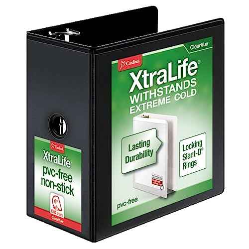 Cardinal 3 Ring Binder, 6 Inch Heavy Duty XtraLife Binder, Locking Slant-D Rings, Crack-Resistant Cover & Spine, ClearVue Covers with Shelf Pull, Holds 1,300 Sheets, Black (26361)