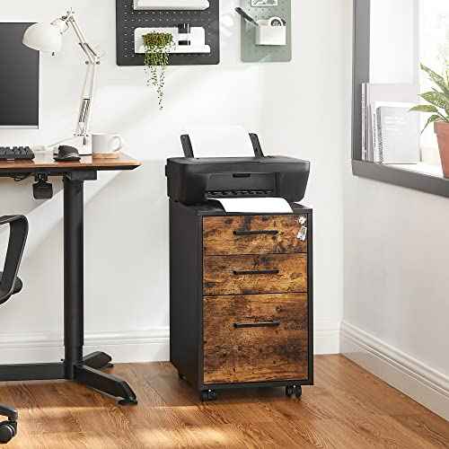 SONGMICS File Cabinet, Pre-Assembled Except Wheels and Handles, Office Filing Cabinet with Lock, for A4, Legal, Letter Sized Documents, 17.7 x 14.4 x 23.6 Inches, Rustic Brown and Black UOFC110B01V1