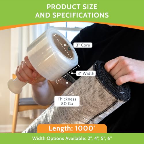 PackagingSuppliesByMail 3-Inch x 1000' 80 GA Mini Stretch Film with Handle - Heavy Duty Wrap (18 Rolls) - Variation 3 Inch / 80 GA