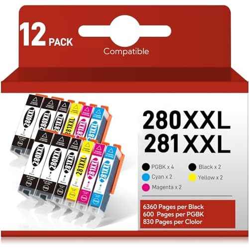 12 Pack PGI-280XXL/CLI-281XXL Ink Cartridge Replacement for Canon 280 281 (PGBK Black Cyan Magenta Yellow) for TR8620a TR8520 TR8620 TR8600 TR7520 TS6120 TS6220 TS9120 TS6320 Printer