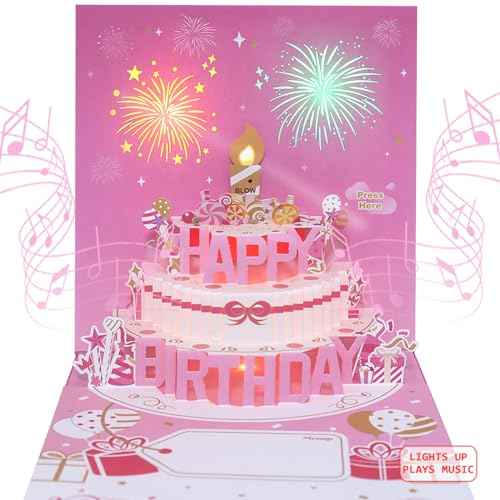 Musical Birthday Cards with Light and Music, Blowable, 3D Birthday Popup Cards for Men & Women? Plays Hit Song 'HAPPY Birthday' (pink)