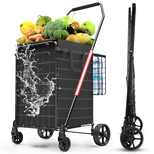 Folding Shopping Cart with 360¡Æ Rolling Swivel Wheels - Foldable Grocery Cart with Double Basket & Waterproof Liner, Portable Heavy Duty Utility Carts for Laundry