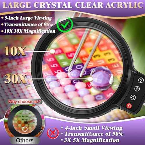 10X 30X Large Magnifying Glass with Light and Stand, 5-inch Lighted Magnifier, 72 LED 3 Color Modes Stepless Dimmable, Hands-Free Magnifying Glass Desk Lamp for Reading Craft Hobby Close Work Black