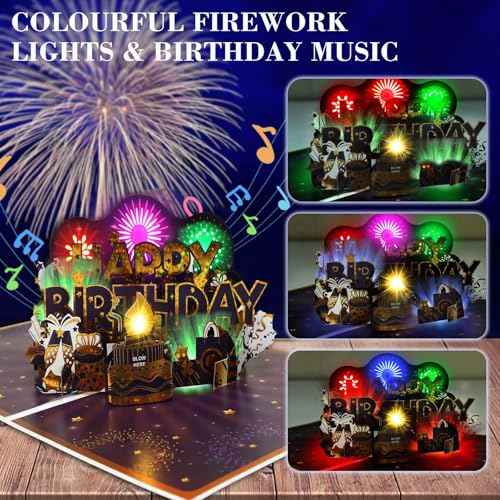 Musical Birthday Cards, Music & Firework Lights Birthday Card for Men, 3D Pop-up Blowable Candle Happy Birthday Card/Gift for Men, Women, Kids, Boys, Girls, Husband, Grandson