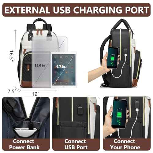 Laptop Backpack for Women Bag - 15.6 inch Work Travel Backpack with USB Charger College Bookbag Waterproof Business Computer Backpack Anti-theft Casual Backpacks for Nurse Teacher Beige Black Brown