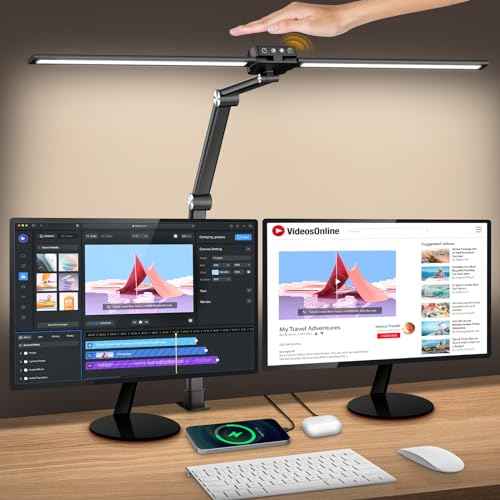 Syrinx LED Desk Lamp with Clamp, Double Head Desk Lamps for Home Office with Gesture Sensor Switch and Touch Control, 24W Eye-Caring Architect Desk Lamp with 25 Light Modes Adjustable Desk Light
