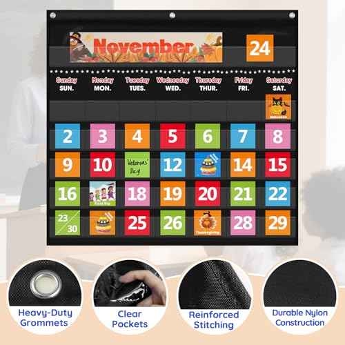 Classroom Calendar Pocket Chart with 88 Cards - Ideal for Homeschool, Classroom & Office, Durable Nylon Wall Hanging Calendar for Early Learning (Black)
